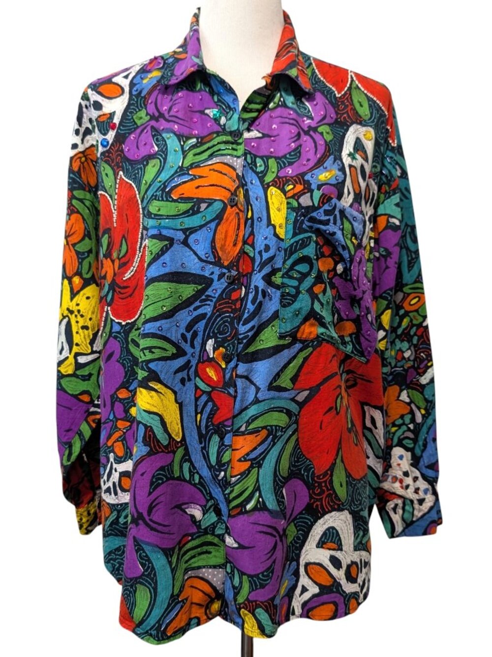 Vintage Tangibles Womens Size M Colorful Beaded Sequins Button Up L/S Blouse Top